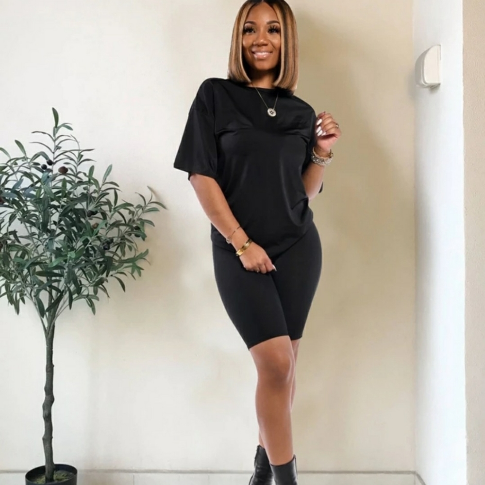 Plus Size Black Biker Short Set